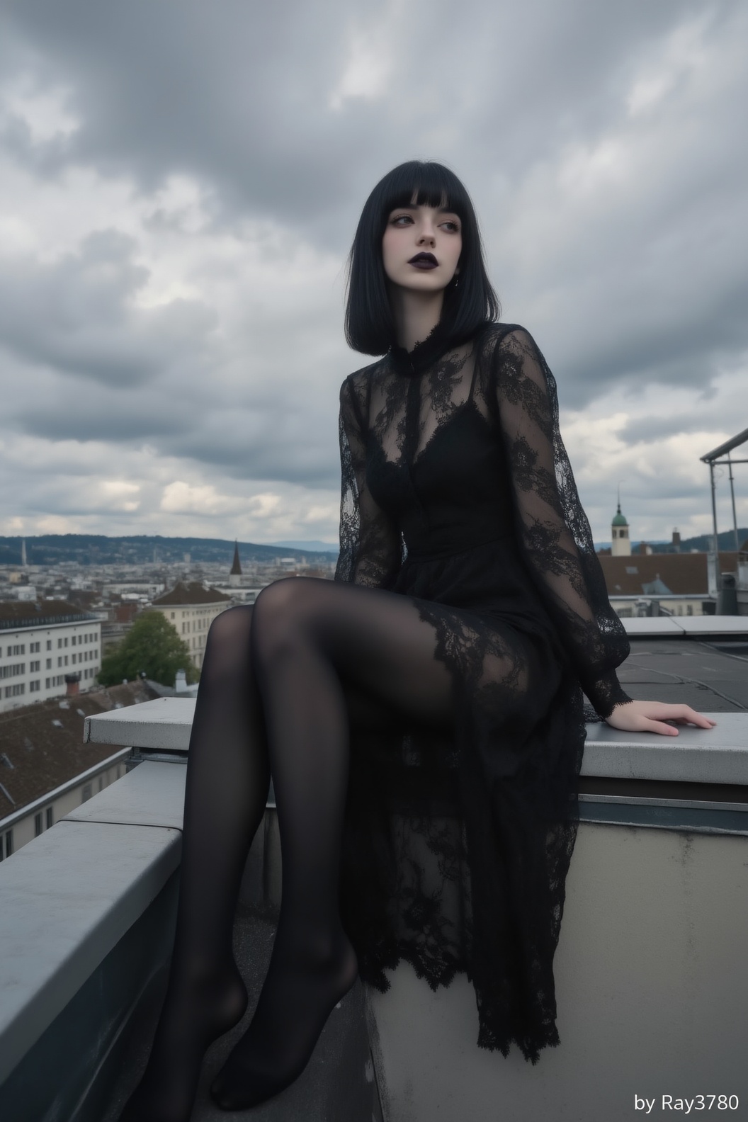 Shot with ARRI ALEXA Mini LF,  medium shot,  low-angle perspective. A young woman with straight black hair and blunt bangs...