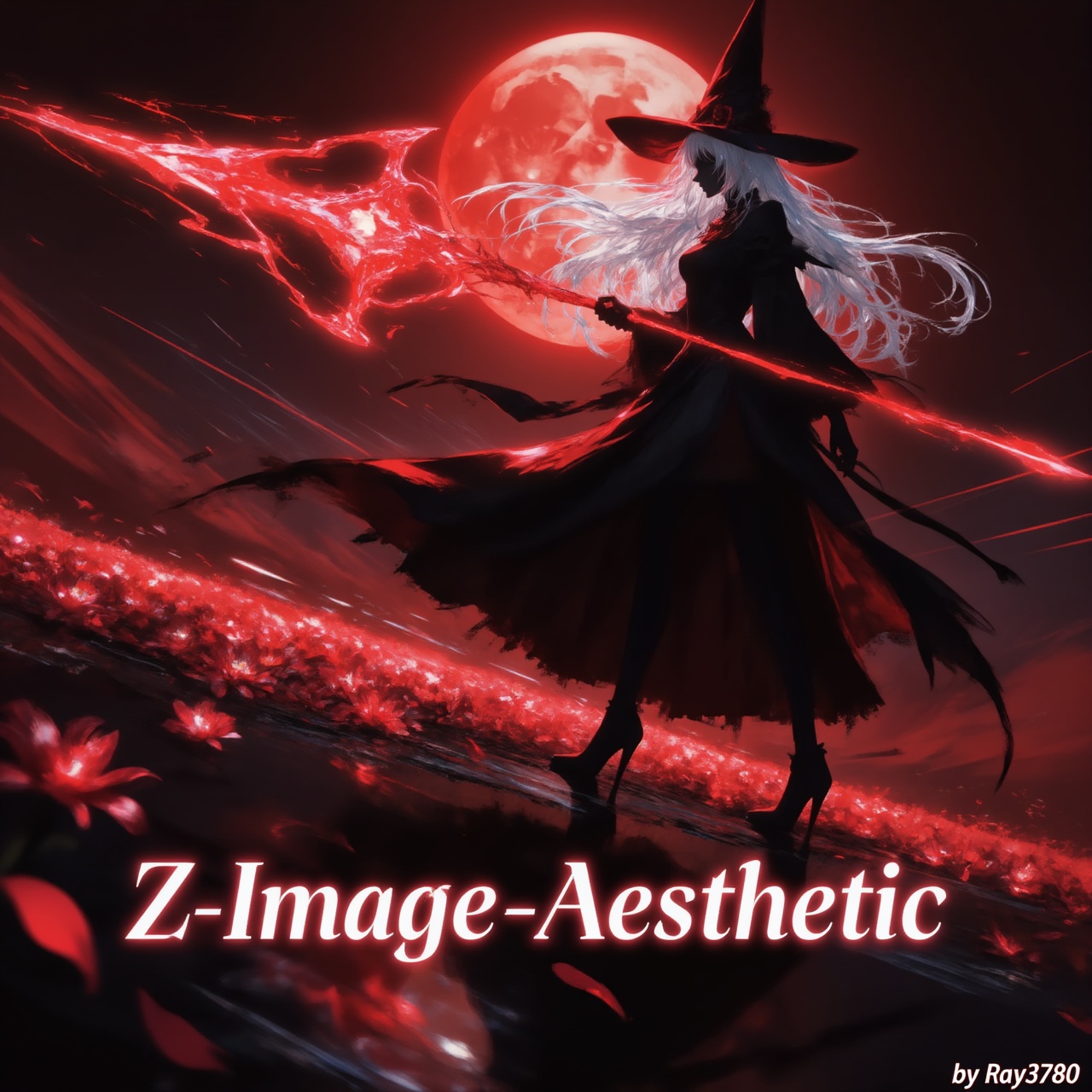 居右侧的魔女背影半身剪影,  弥散质感,  黑色红底魔法帽 on Tensor.Art