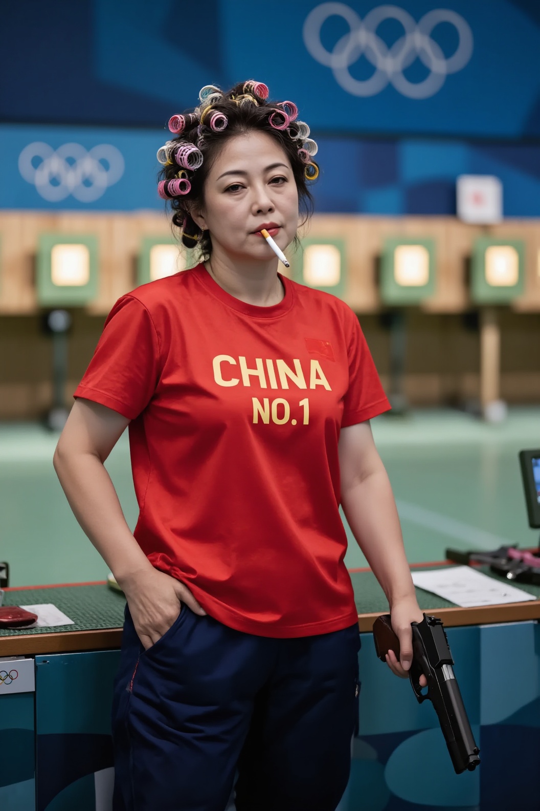 A photorealistic shot of a middle-aged Asian woman with a tough,  nonchalant attitude standing at an Olympic shooting rang...