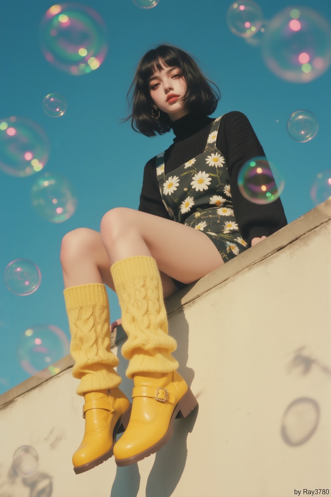 A low-angle,  cinematic portrait of a porcelain-skinned young woman perched on a sun-warmed concrete ledge,  her jet-black...