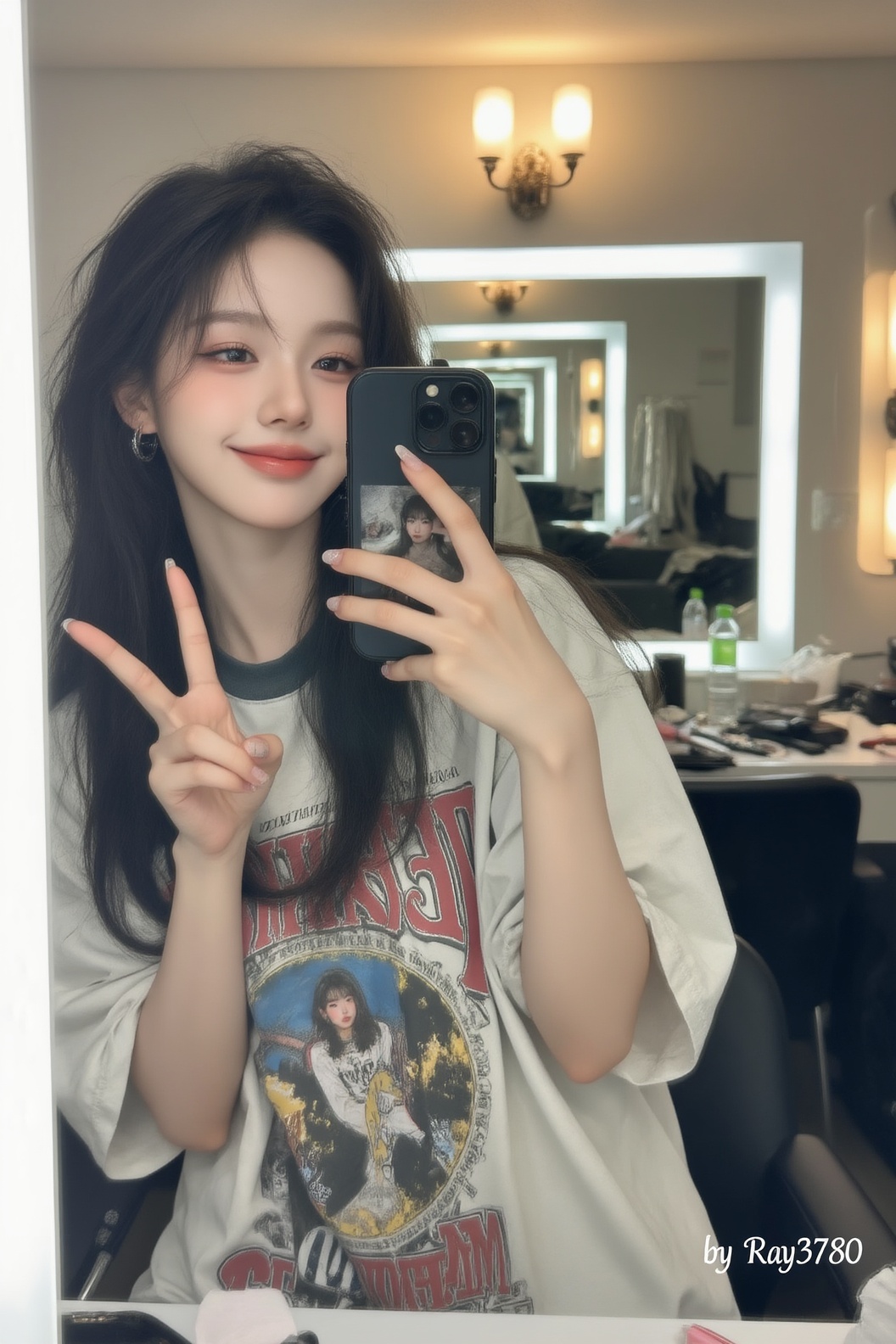 A cute and authentic mirror selfie of a popular Korean female K-Pop idol in a brightly lit backstage dressing room. She is...