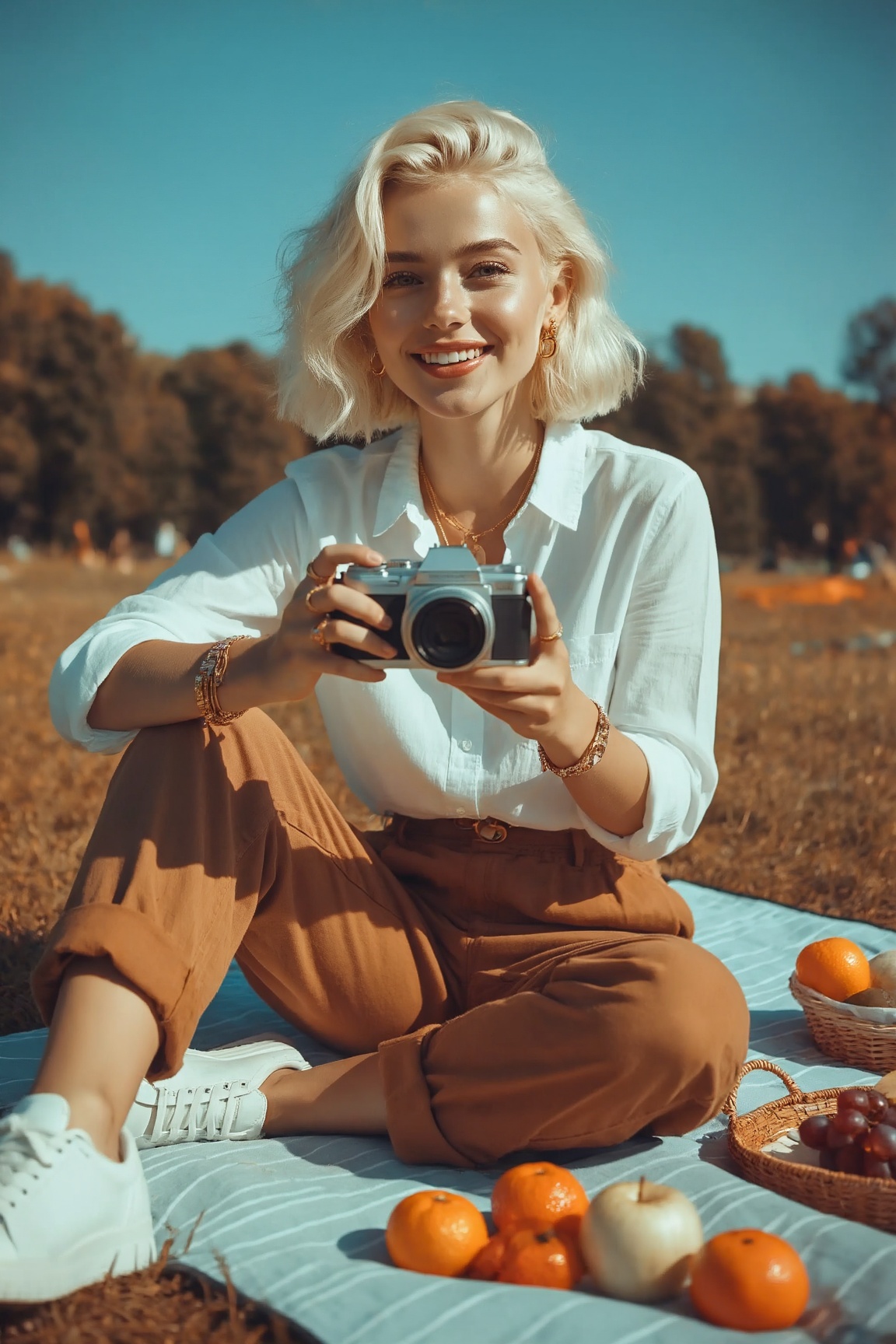 A cinematic shot of a girl with short blonde hair,  wearing white shirt and brown pants ,  outdoors in picnic on Tensor.Art