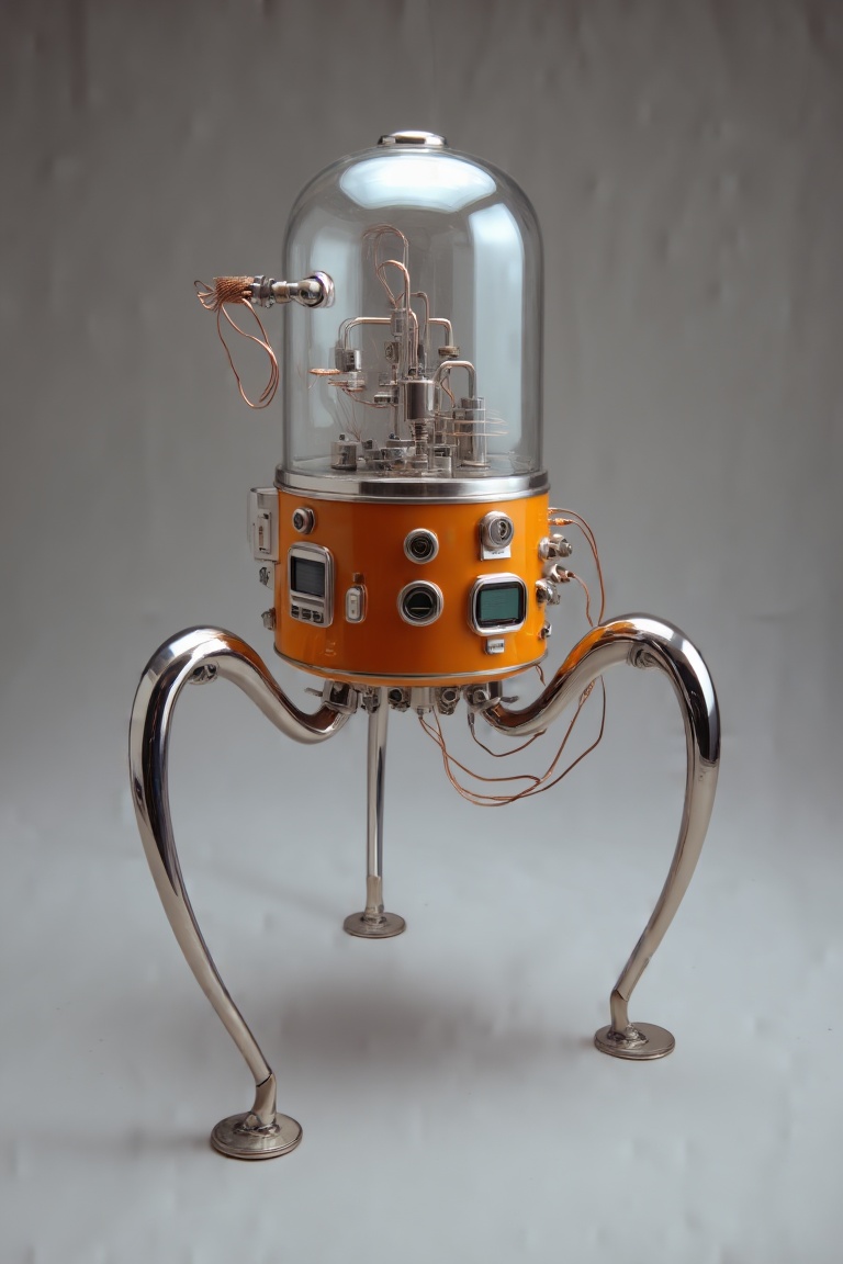 A retro-futuristic mechanical sculpture resembling a four-legged robotic creature sits centrally against a seamless grey b...