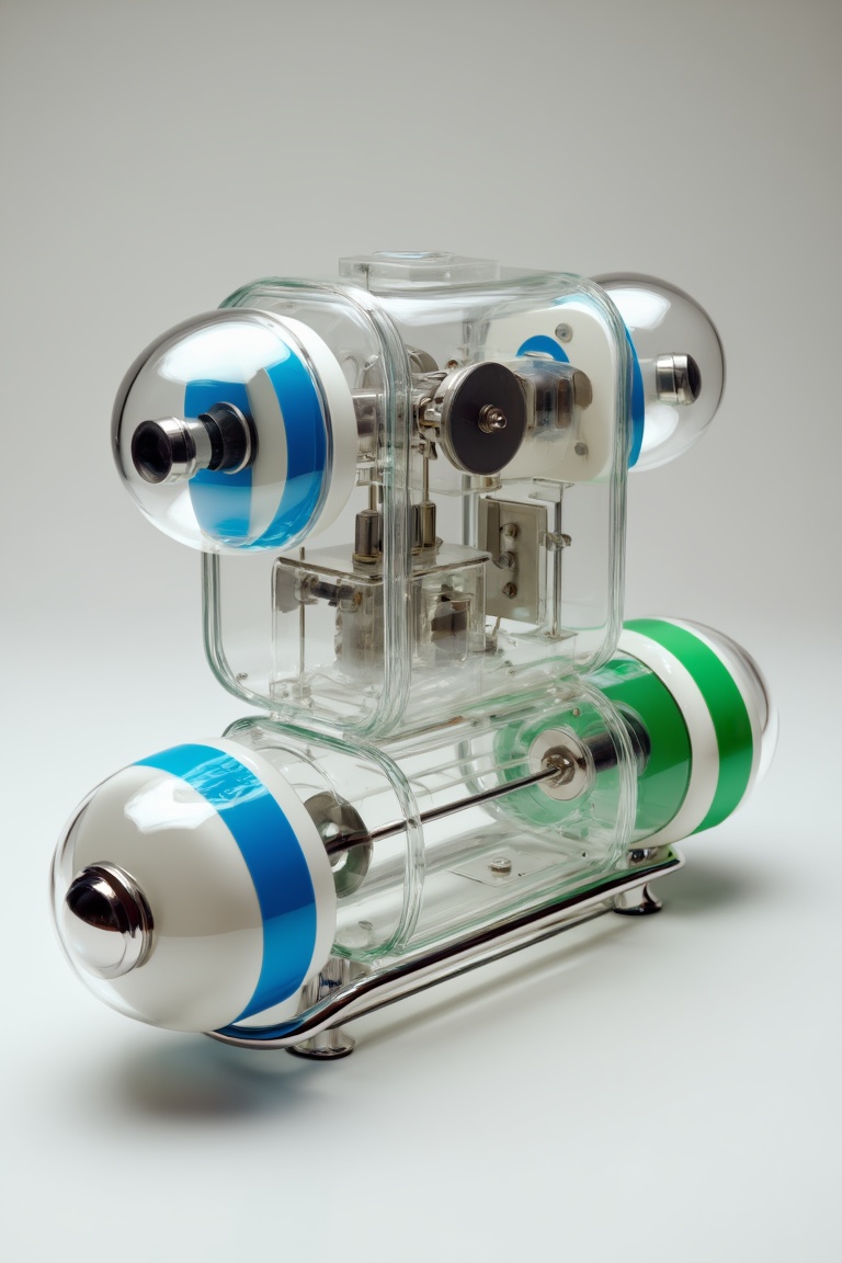 A retro-futuristic mechanical device. It is constructed with a transparent outer casing that reveals internal mechanical c...