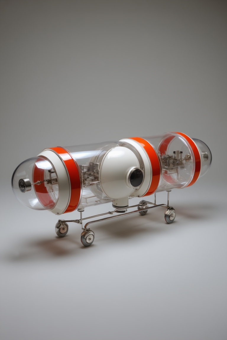 A retro-futuristic mechanical device sits centered against a plain,  neutral grey backdrop. The object features two large,...