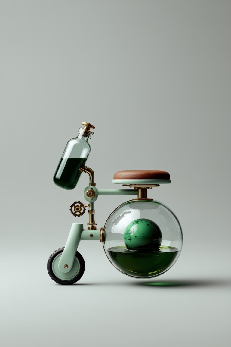 A whimsical,  stylized vehicle sits against a minimalist light gray backdrop,  blending mechanical and laboratory elements...