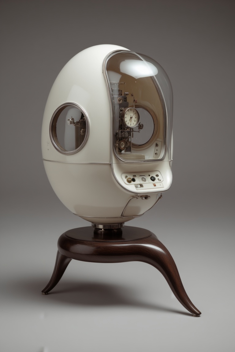 An intricate retro-futuristic machine sits centered against a neutral grey studio background. Its primary body is a glossy...