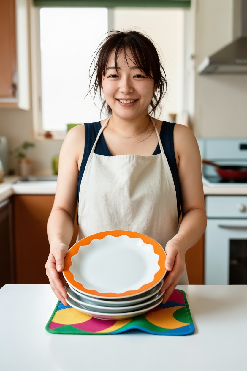 Candid portrait of a Ais in her home kitchen,  playfully wearing a simple apron over her casual clothes. She is in the mid...