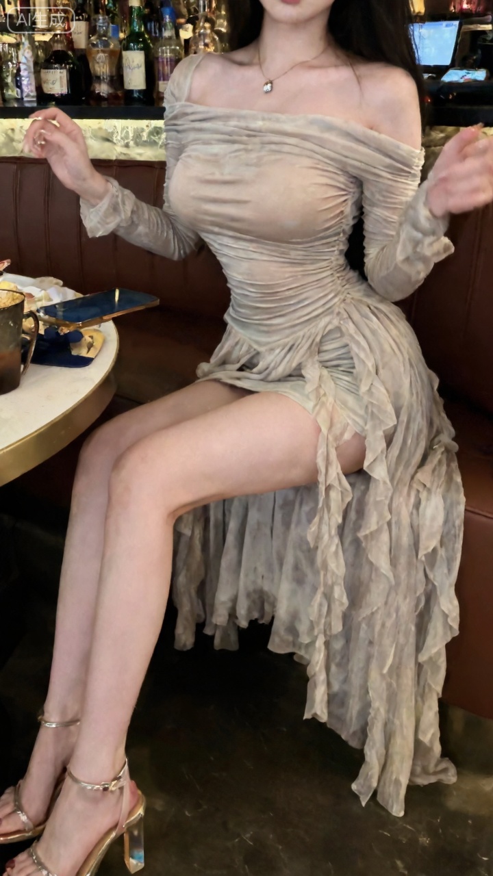 酒吧小美女坐在卡座,中等大小的胸部,翘臀,浅色收腰一字肩连衣裙的长度直到大腿中部,长袖,高跟凉鞋