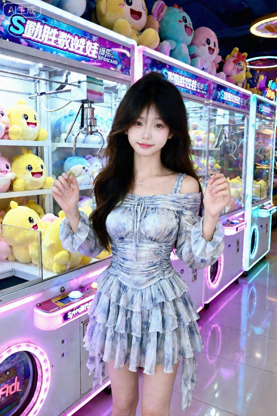 电玩城,小美女在玩娃娃机,S曲线,收腰一字肩连衣裙的长度直到大腿中部,长袖