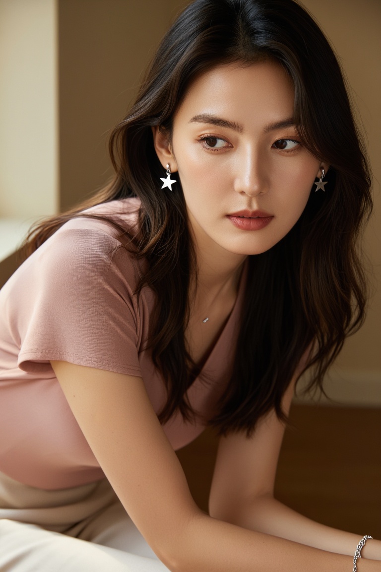 A gentle editorial portrait of a young woman leaning forward in a quiet,  intimate setting. She wears a soft blush short-s...