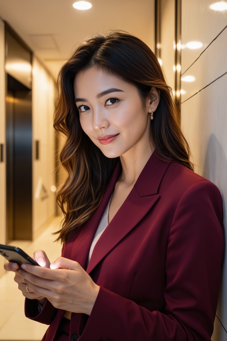 A candid indoor scene near an apartment lobby or elevator area. A beautiful young urban woman stands casually,  exquisite...