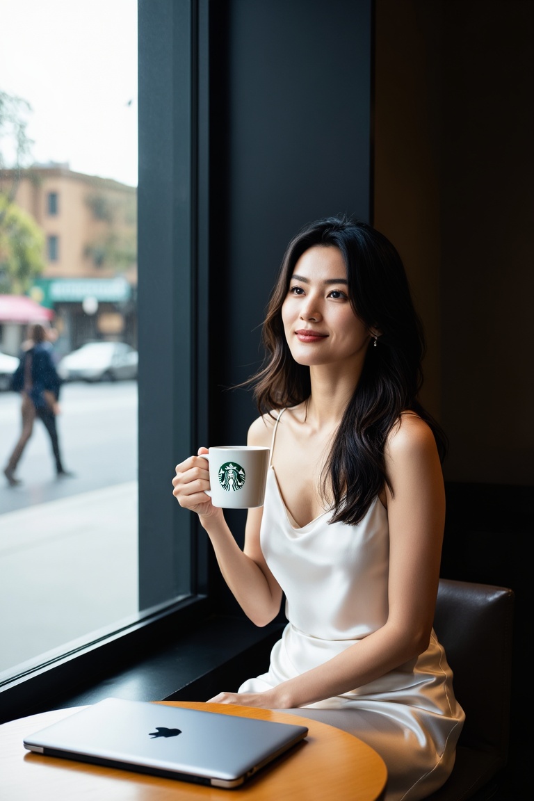 editorial portrait of a chic young woman sitting indoors near a cafe window,  head to mid-thigh framing,  1girl on Tensor.Art