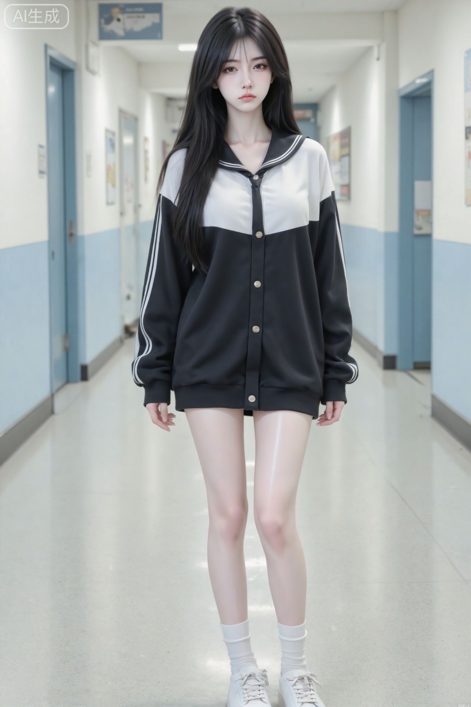 杰作级画质,顶级图像精度,超高清细节渲染,单人女性角色,（乌黑亮丽的长发：1.4）,（比例优越的纤细长腿：1.3）,（肌肤白皙光滑的匀称美腿：1.4）,（挺拔饱满的D 罩杯曲线：1.4）,（精致立体的美颜五官：1.4）,美颜全开,光滑油亮的皮肤,水嫩的肌肤,一个女孩,
中国少女穿着宽松黑白校服外套,九头身,长腿,光腿,白袜,白色板鞋,厌世脸,撇嘴。这是一个用平庸的iPhone 手机拍的照片,角度尴尬,构图拙劣,随手一拍的快照风格,不经意间的抓拍,学校走廊环境,傲人身材,D cup ,美颜全开,光滑雪白油亮水嫩的皮肤