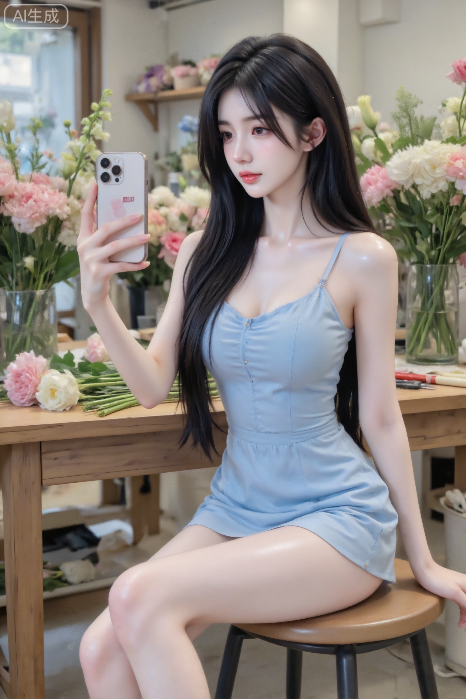 杰作级画质,顶级图像精度,超高清细节渲染,单人女性角色,（乌黑亮丽的长发：1.4）,（比例优越的纤细长腿：1.3）,（肌肤白皙光滑的匀称美腿：1.4）,（挺拔饱满的D 罩杯曲线：1.4）,（精致立体的美颜五官：1.4）,美颜全开,光滑油亮的皮肤,水嫩的肌肤,一个女孩,
网红,在花工作室用手机拍摄的网感自拍照,坐在木桌子前、不看镜头,专注插花,高冷风格,自然而然,松弛感,每一个细节都体现出无比的真实,iphone手机拍摄特有的画质效果,轻微的颗粒感（噪点）和锐化效果,26岁女人,长发,穿浅蓝色连衣裙,究极细节,细节丰富的发丝。钓系拍照姿势,绿茶心机拍照风格,凸显完美的身材。