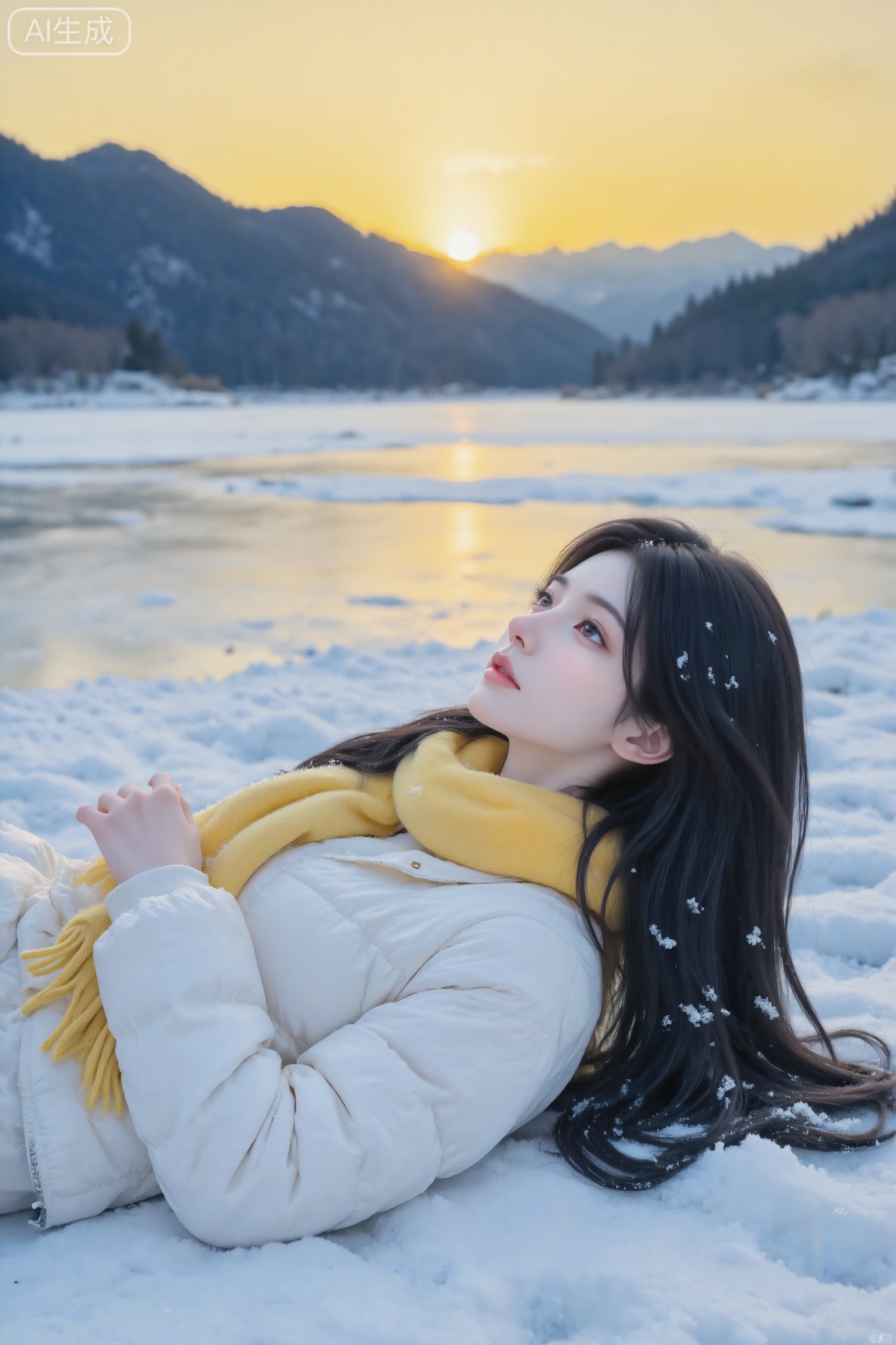 杰作级画质,顶级图像精度,超高清细节渲染,单人女性角色,（乌黑亮丽的长发：1.4）,（比例优越的纤细长腿：1.3）,（肌肤白皙光滑的匀称美腿：1.4）,（挺拔饱满的D 罩杯曲线：1.4）,（精致立体的美颜五官：1.4）,美颜全开,光滑油亮的皮肤,水嫩的肌肤,一个女孩,
超写实摄影,人物穿着白色羽绒服,围着黄色围巾,侧脸朝上躺卧在纯白的厚厚的雪面上,发丝散落带细微雪粒,背景是冰封的湖面与远处的深色山脉,黄昏暖黄色夕阳铺满天空与雪地,画面柔和梦幻,清冷又浪漫,8K,电影级光影,