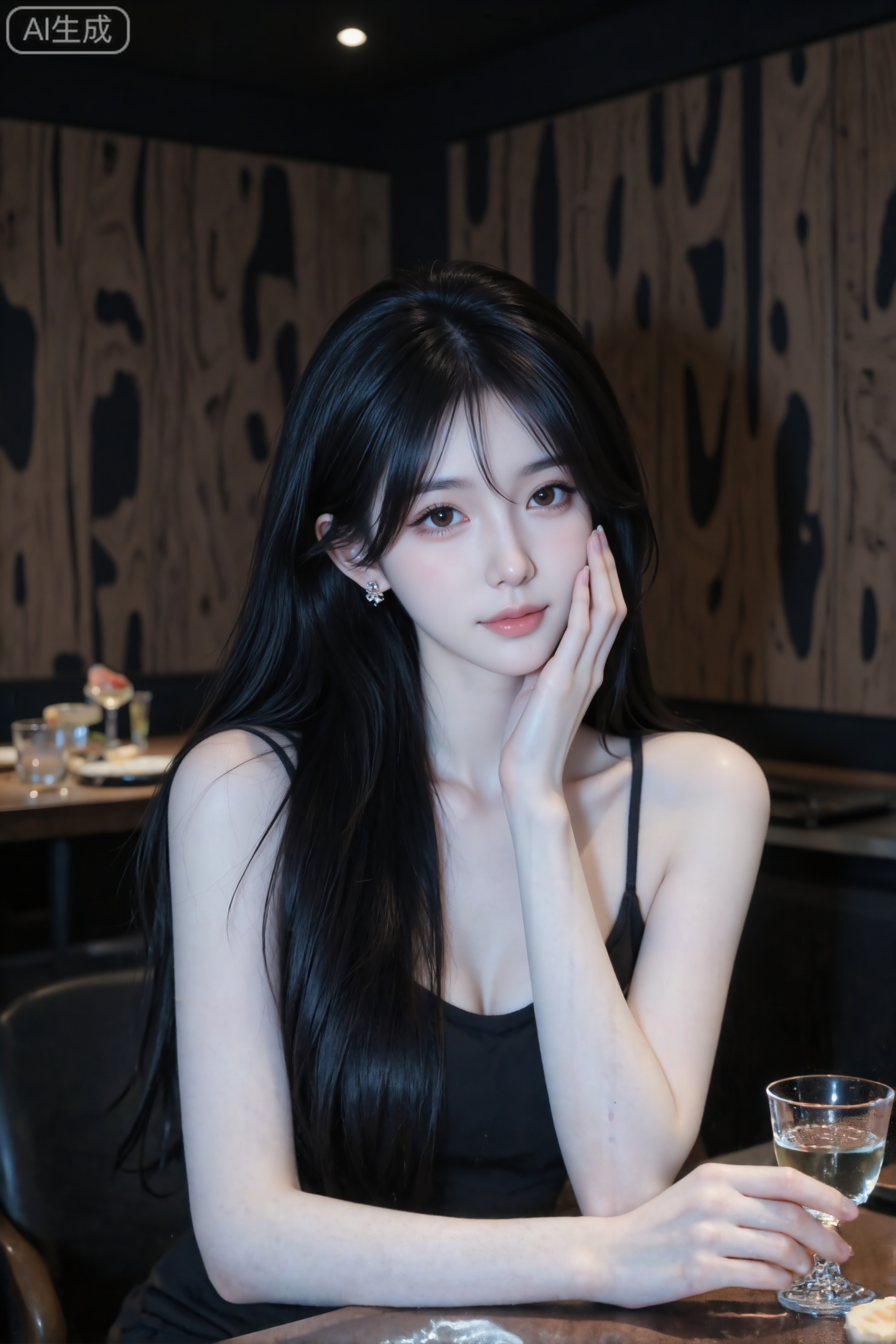 杰作,最佳画质,高质量,（黑色头发：1.4）,（超长腿：1.3）,（光滑雪白的大腿：1.4）,（大胸部：1.5）,(美颜全开),傲人身材,D cup,1girl,坐在室内的餐桌旁,正视镜头,人物面部有打光,表情俏皮可爱。身着黑色吊带衣物,一只手托着脸颊,另一只手拿着一个小酒杯。桌上摆放着装有液体的容器以及几个杯子,背景是比较个性有时尚设计感的墙面,有木质纹理的装饰,整体装饰低调奢华有内涵,整体背景环境光线较暗,明暗对比更突出人物,营造出一种静谧、有氛围感的氛围。黑长直,年轻娇小,发丝呈现出自然的蓬松感与垂坠感,长发散落于肩头两侧,几缕发丝拂面,冷白皮气质美女,纯欲风,皮肤白皙,偶像气质,fairskin,光滑,水润质感,露肩露锁骨,全身特写,细腻水嫩肌肤,偏冷白皮白皮肤,皮肤白皙细腻,64K高清画质,64K细腻真人皮肤纹理,精致的耳钉,露出肩和锁骨,精致五官