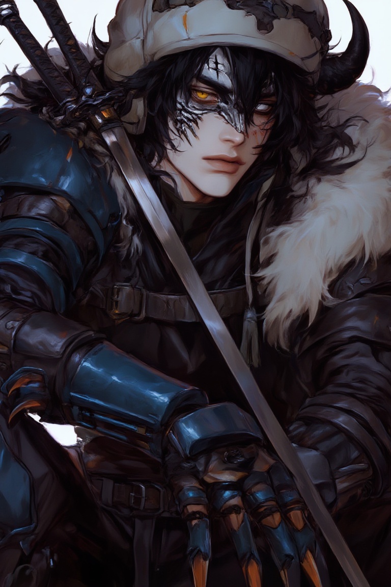 boy with black hair and yellow eye with a scar on his cheek wearing a leather white fur Co at with the belt the bottom bon...