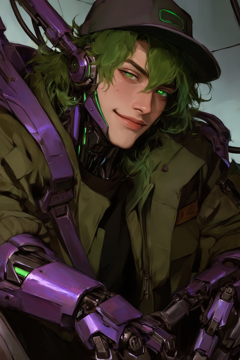 A male individual is depicted with green hair,  exhibiting a handsome appearance,  and featuring prominent mechanical and...