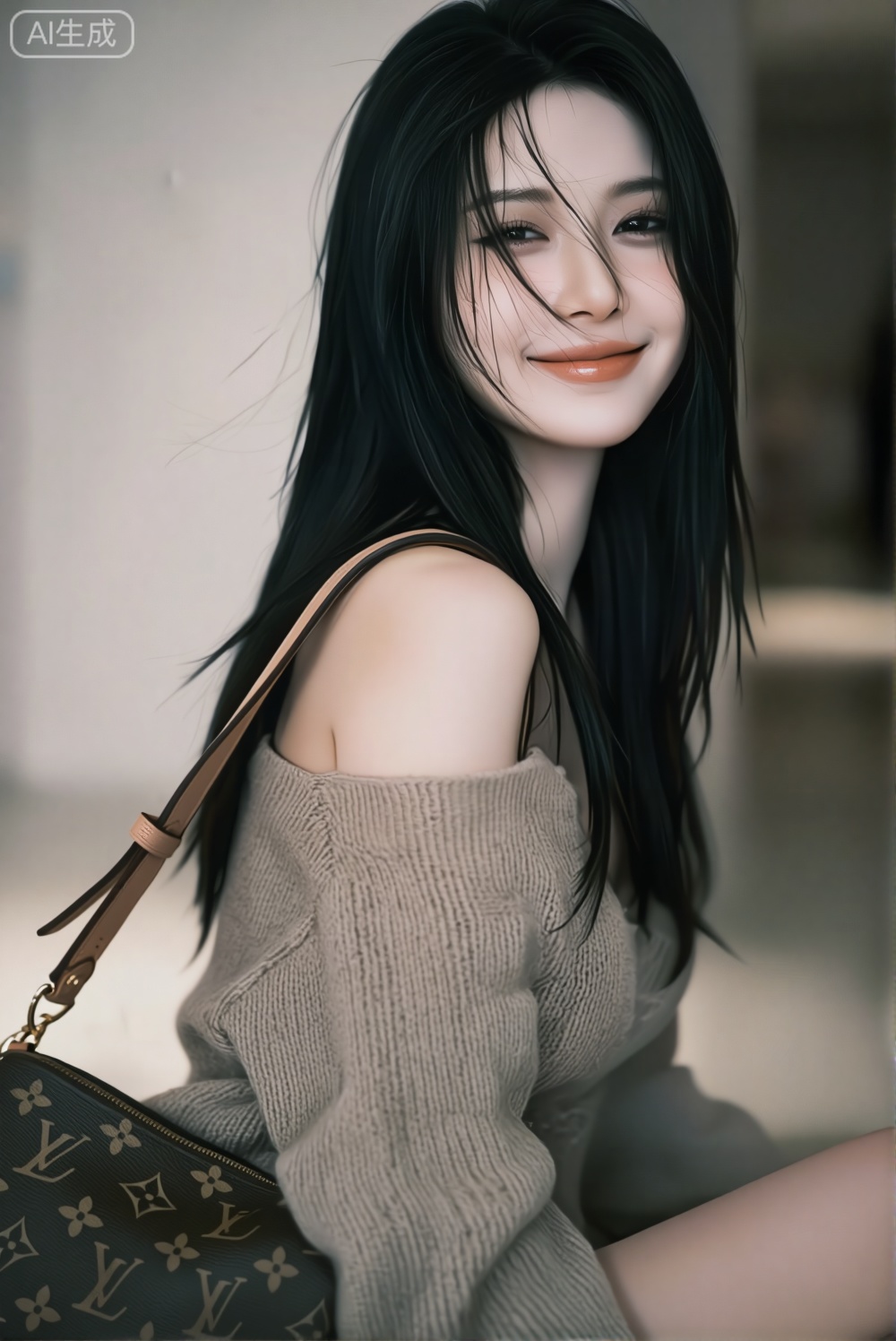 强透视,镜头感,画面张力。写实风格,文艺网红,充满网感氛围。肤白貌美,超高颜值,高冷风格,放荡不羁,自然松弛感,每一个细节都体现出无比的真实,黑色长直发,发丝凌乱美。细节丰富的发丝,傲人身材,长相甜美,妆容清透带点甜酷感,浅咖和篮宽松毛衣,单肩背咖色LV新款包包。采用前景深构图,微笑。柔焦美学,细腻肌理质感,情绪写意,极简风,艺术人像高级感。大光圈虚化营造高级电影质感。整体构图融合浪漫主义美学,突出人物立体轮廓与优雅气质。空灵的气氛,巧妙地捕捉情感,色彩表达,情绪叙事,整体氛围慵懒又随性,尽显松弛感,现场感,既视感,伦勃朗光,极强的光影对比,氛围感,故事感,_DSF1600.RAF,IMG_2094.CR2,Otus 85mm F1.4 ZF.2 ASPH镜头,ins风,背景虚化,沉浸,文艺风格构图,细节丰富,强烈的视觉冲击力色调。