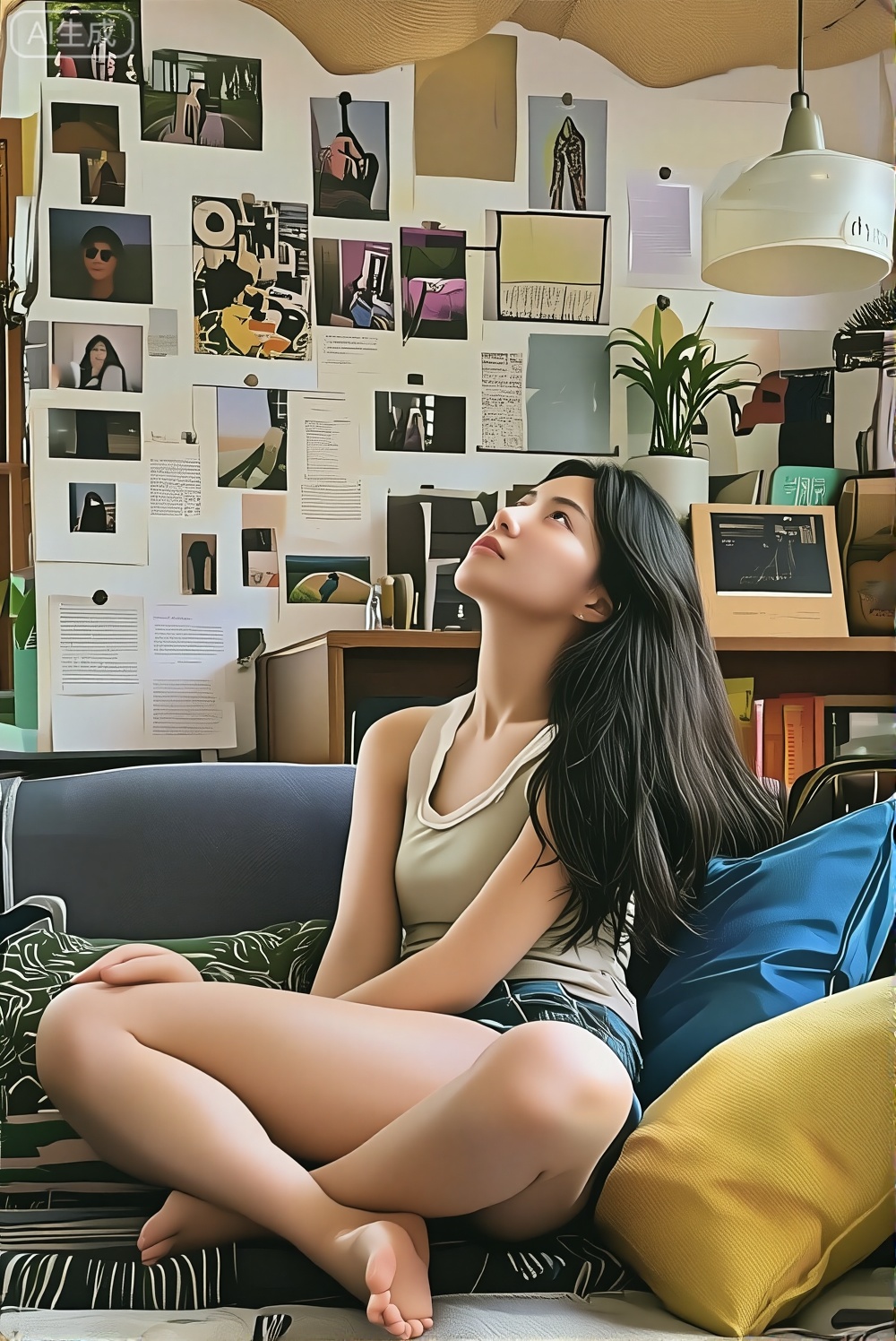女性盘腿坐于沙发上,侧头仰望,神态宁静沉思。她穿着简单的背心短裤,背景是贴满照片与文字资料的墙面,一旁有蓝色靠枕、木质书架与垂下的吊灯。近景构图突出人物,暖色调与丰富的背景细节共同营造出一种文艺、闲适且带有个人思考痕迹的室内氛围。