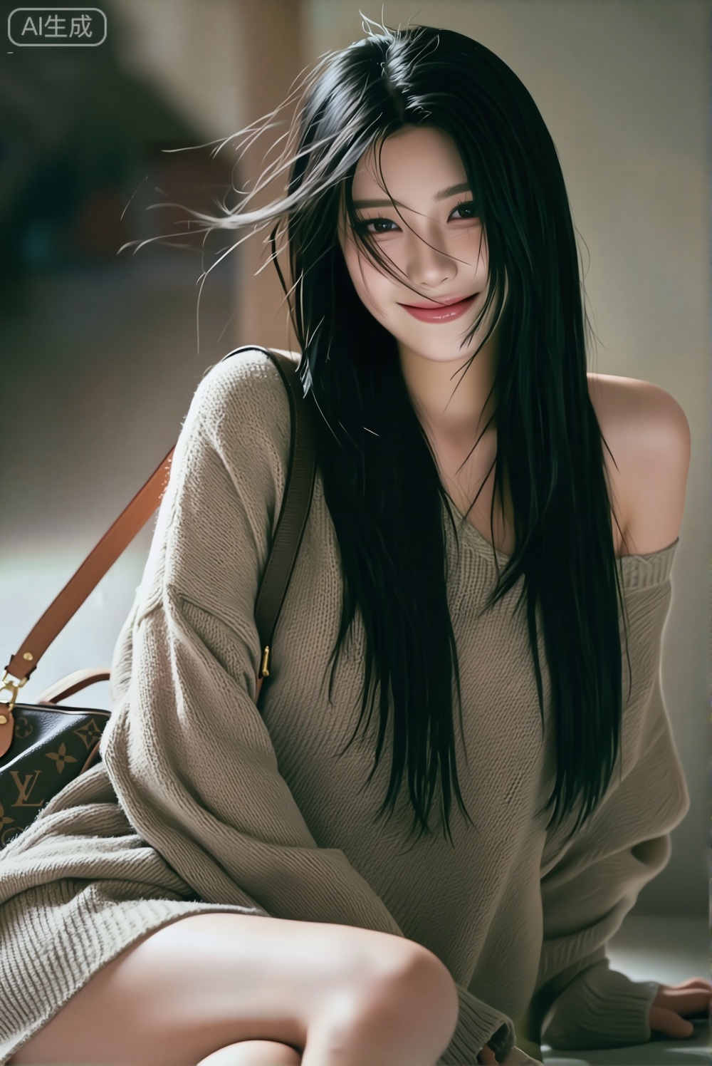 强透视,镜头感,画面张力。写实风格,文艺网红,充满网感氛围。肤白貌美,超高颜值,高冷风格,放荡不羁,自然松弛感,每一个细节都体现出无比的真实,黑色长直发,发丝凌乱美。细节丰富的发丝,傲人身材,长相甜美,妆容清透带点甜酷感,浅咖和篮宽松毛衣,单肩背咖色LV新款包包。采用前景深构图,微笑。柔焦美学,细腻肌理质感,情绪写意,极简风,艺术人像高级感。大光圈虚化营造高级电影质感。整体构图融合浪漫主义美学,突出人物立体轮廓与优雅气质。空灵的气氛,巧妙地捕捉情感,色彩表达,情绪叙事,整体氛围慵懒又随性,尽显松弛感,现场感,既视感,伦勃朗光,极强的光影对比,氛围感,故事感,_DSF1600.RAF,IMG_2094.CR2,Otus 85mm F1.4 ZF.2 ASPH镜头,ins风,背景虚化,沉浸,文艺风格构图,细节丰富,强烈的视觉冲击力色调。
