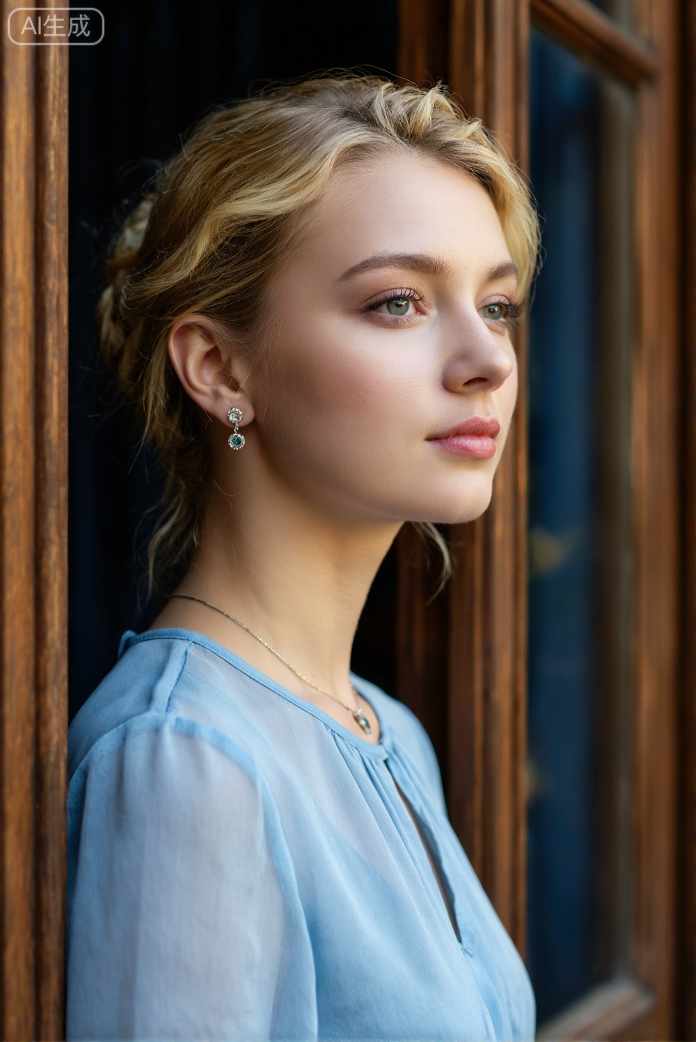 画面通过近景特写,展现了一位金发女性倚靠木质窗框的娴静侧影。她身着浅蓝色轻薄上衣,佩戴精致耳饰与项链,眼神柔和地望向前方。温暖的木质背景与人物服饰形成色调对比,柔和光线突出其宁静神情。整体氛围静谧、优雅,充满了沉浸在个人世界中的温婉美感。