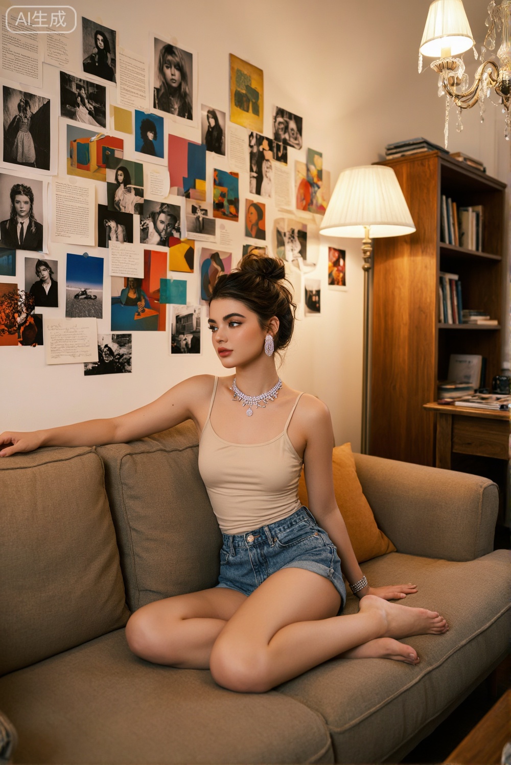 图片刻画了文艺风格的室内空间。一位扎发髻、身穿米色吊带与牛仔短裤的年轻女性盘坐于浅棕色沙发上,佩戴闪亮配饰。背景墙贴满黑白与彩色照片、纸张,右侧点亮吊灯,旁有木质书架。暖色调灯光与丰富的墙面装饰共同营造出温馨、个性且充满艺术感的独处环境。