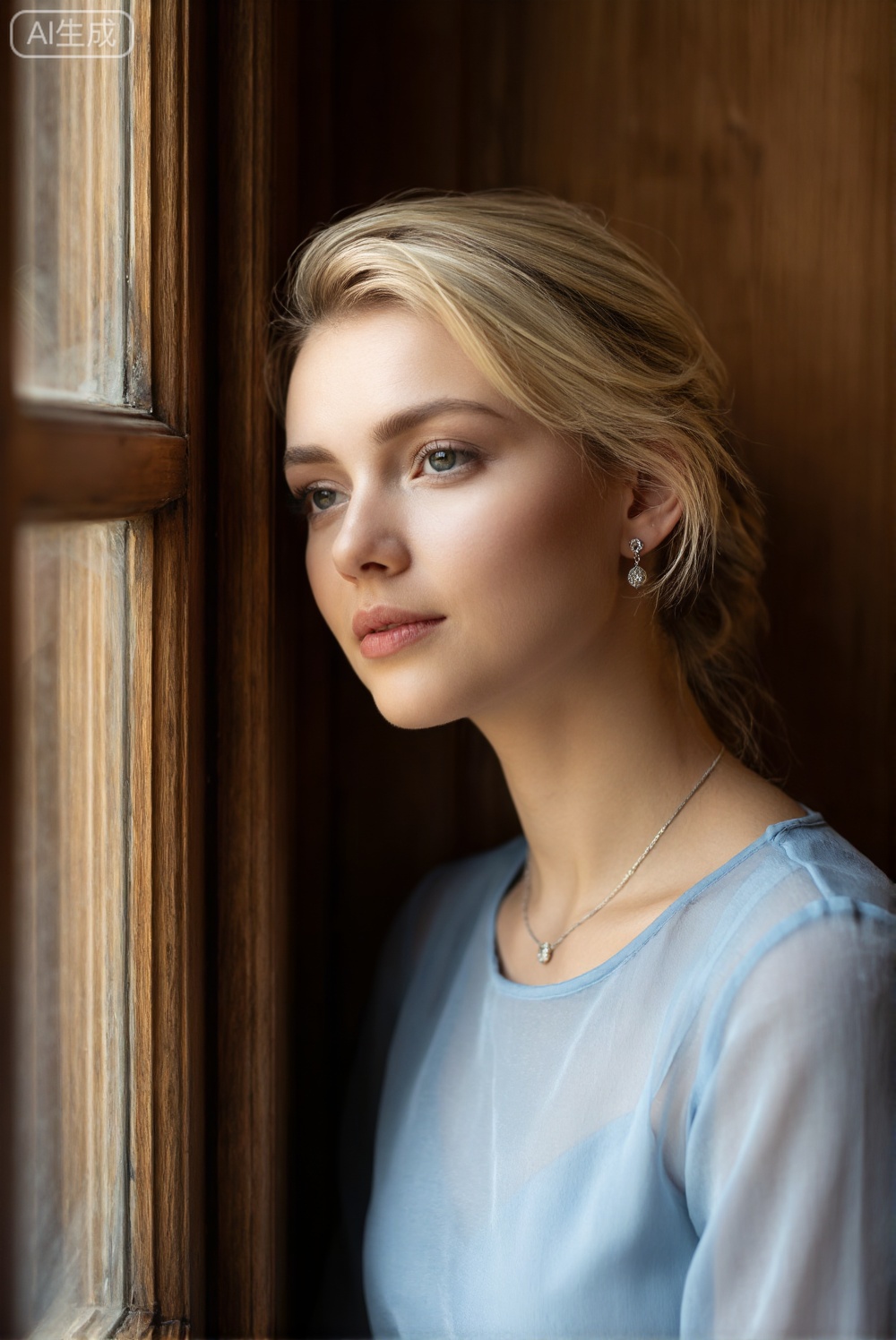 画面通过近景特写,展现了一位金发女性倚靠木质窗框的娴静侧影。她身着浅蓝色轻薄上衣,佩戴精致耳饰与项链,眼神柔和地望向前方。温暖的木质背景与人物服饰形成色调对比,柔和光线突出其宁静神情。整体氛围静谧、优雅,充满了沉浸在个人世界中的温婉美感。