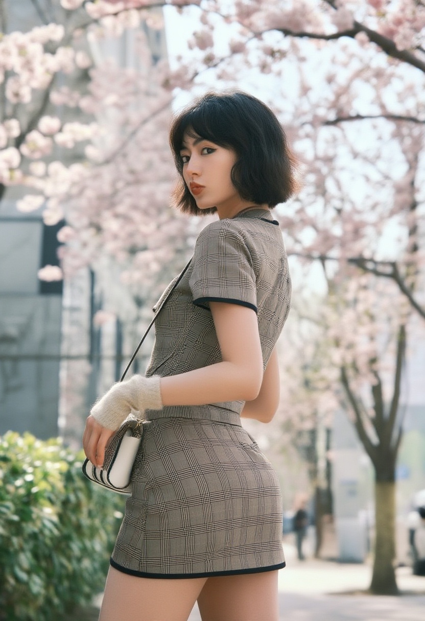 jvibes,  side profile of a stylish woman with a bob haircut in a fitted plaid cube top and mini skirt,  surrounded by cher...