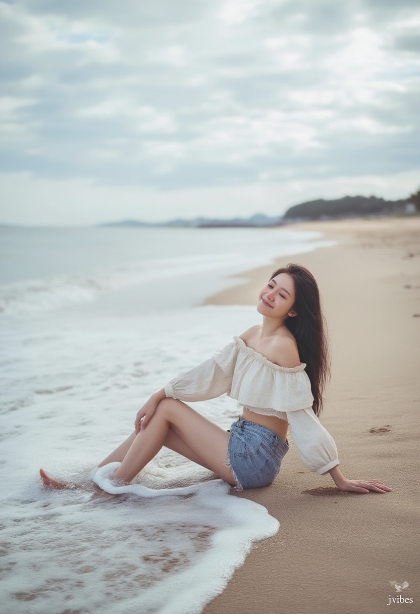 jvibes,  wide-angle shot of a relaxed asian girl with long hair,  wearing an off-shoulder midriff blouse on Tensor.Art