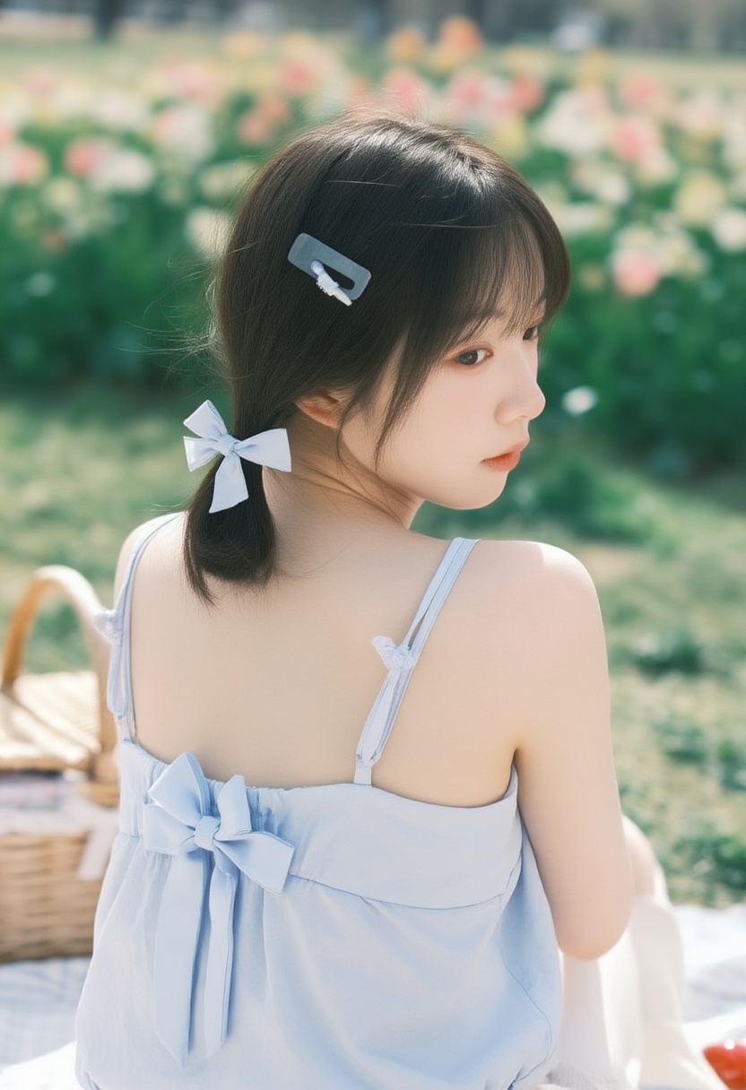 jvibes,  over-the-shoulder shot of a shy girl with her hair in pigtails,  wearing a soft blue camisole with a bow detail o...