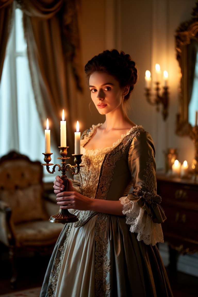 The image depicts a woman dressed in an elegant,  historical costume,  reminiscent of 18th-century fashion. She is holding...