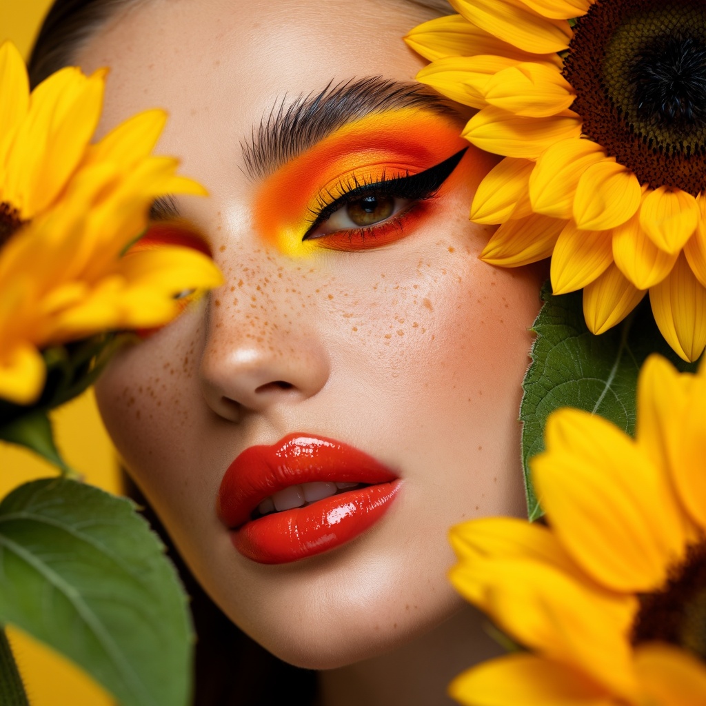The image features a close-up of a woman face,  with a focus on their makeup and skin. The makeup is vibrant and colorful,...