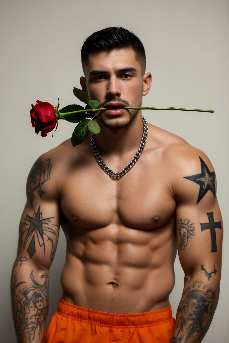 The image shows a shirtless man with a well-defined muscular physique. He is wearing a chain necklace and orange shorts. H...