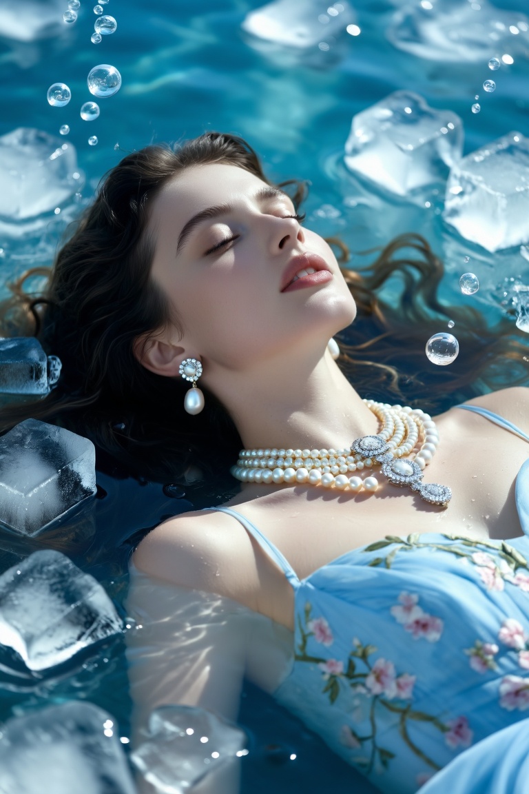 The image depicts a woman lying in a watery environment,  surrounded by ice cubes and bubbles. The individual is adorned w...