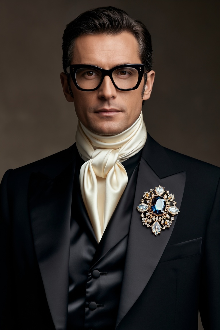 The image shows a man wearing a formal black suit with a satin shirt and a large,  ornate brooch. The person has a cream-c...