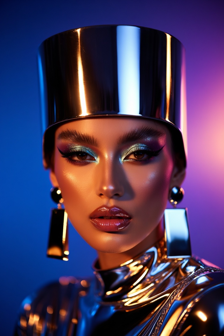 The image depicts a person wearing a striking,  futuristic outfit. The individual is adorned with a metallic,  cylindrical...