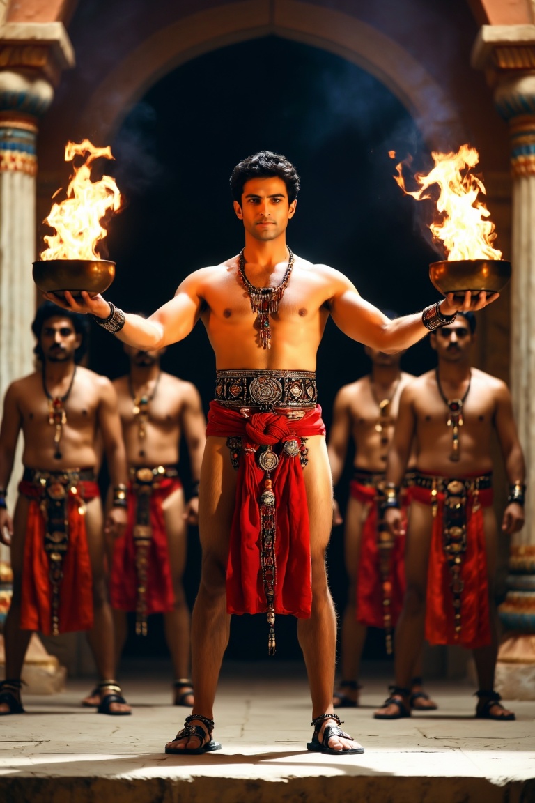 The image depicts a muscular man standing confidently in the center,  holding a flaming bowl in each hand. He is adorned w...