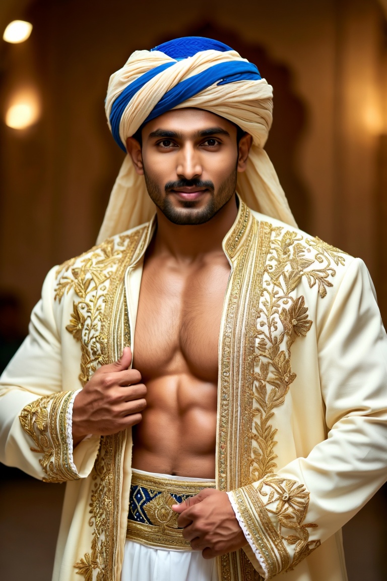 The image depicts a man wearing a cream-colored traditional outfit adorned with intricate gold embroidery. The outfit incl...