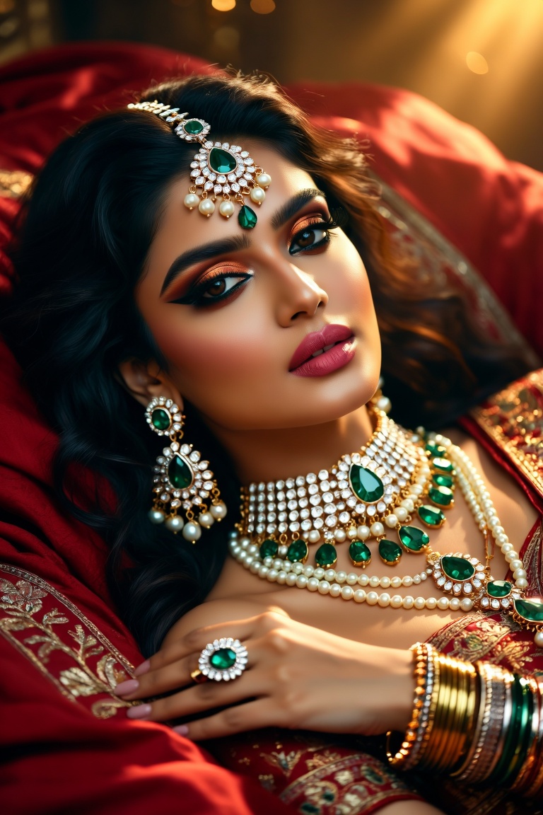 Hyper-realistic cinematic portrait of an Indian woman reclining on rich red embroidered fabric. She wears an opulent tradi...