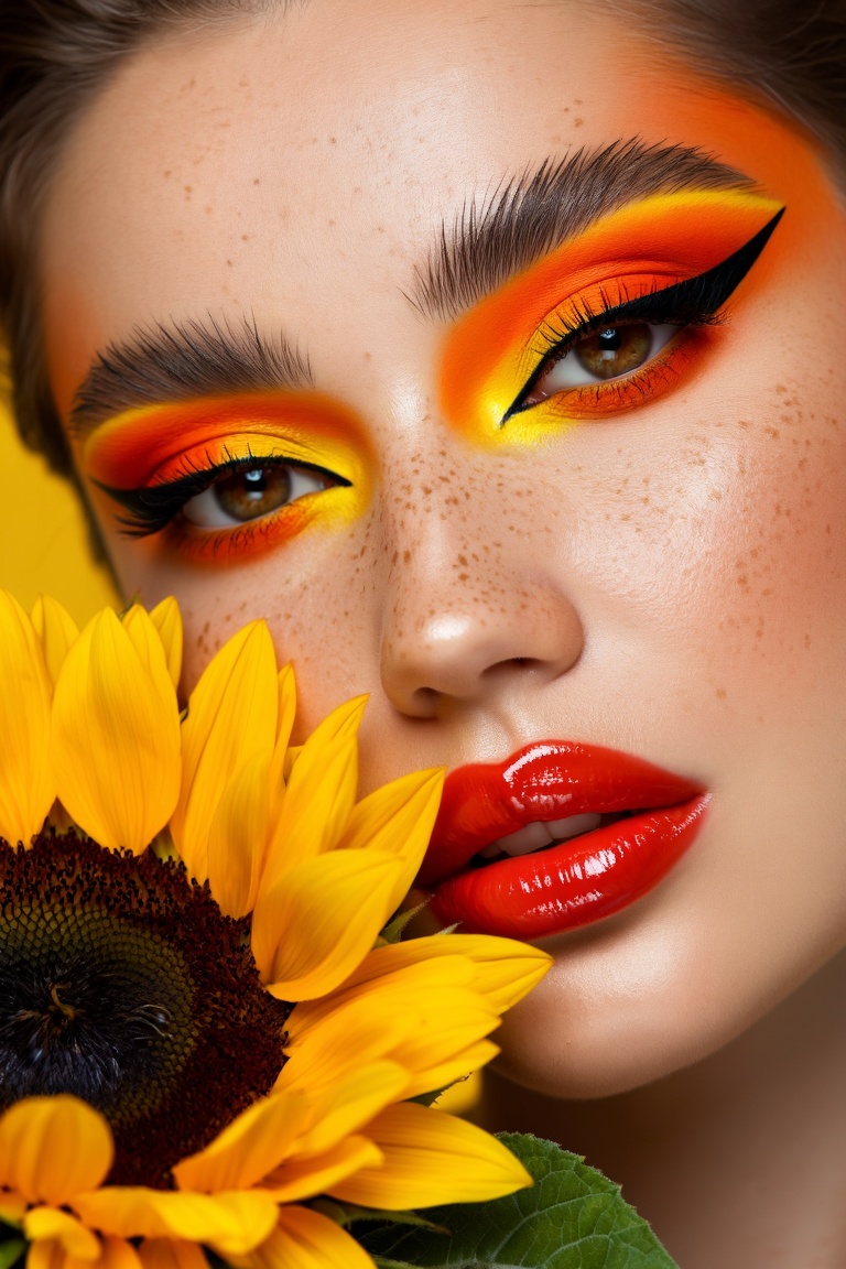 The image features a close-up of a woman face,  with a focus on their makeup and skin. The makeup is vibrant and colorful,...