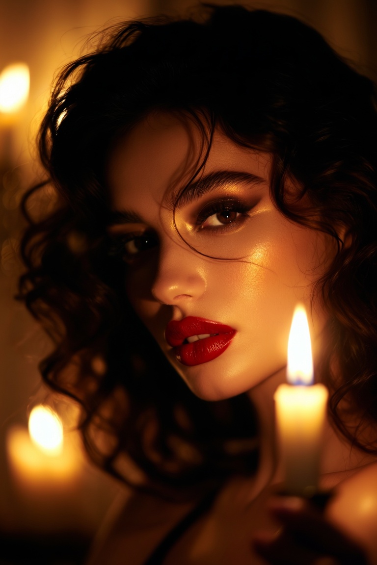 nanoBanana: A cinematic,  hyper-realistic close-up portrait of a woman in a candlelit room. Primary light from a flickerin...