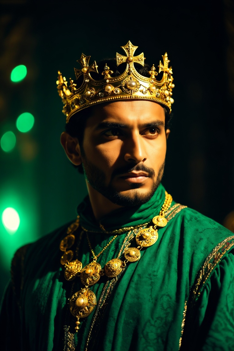 The image shows a man wearing a golden crown adorned with intricate designs,  suggesting a regal or royal theme. The indiv...