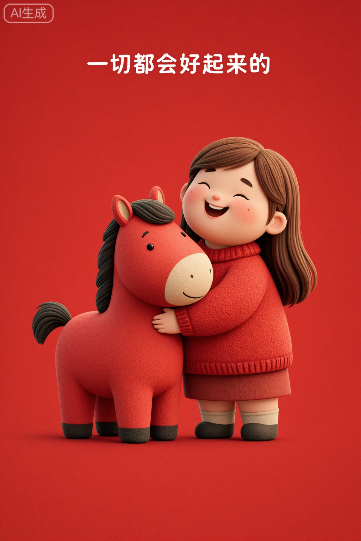 一位开心的卡通女孩,留着长长的棕色头发,身穿红色毛衣,正抱着一只友善的红色卡通马,卡通马面带微笑。整体背景为鲜艳的红色,营造出温暖、愉快的氛围。画风为3D卡通动画,质感柔和,表情生动。画面中带有文字：‘一切都会好起来的’。细节丰富,风格可爱又治愈。