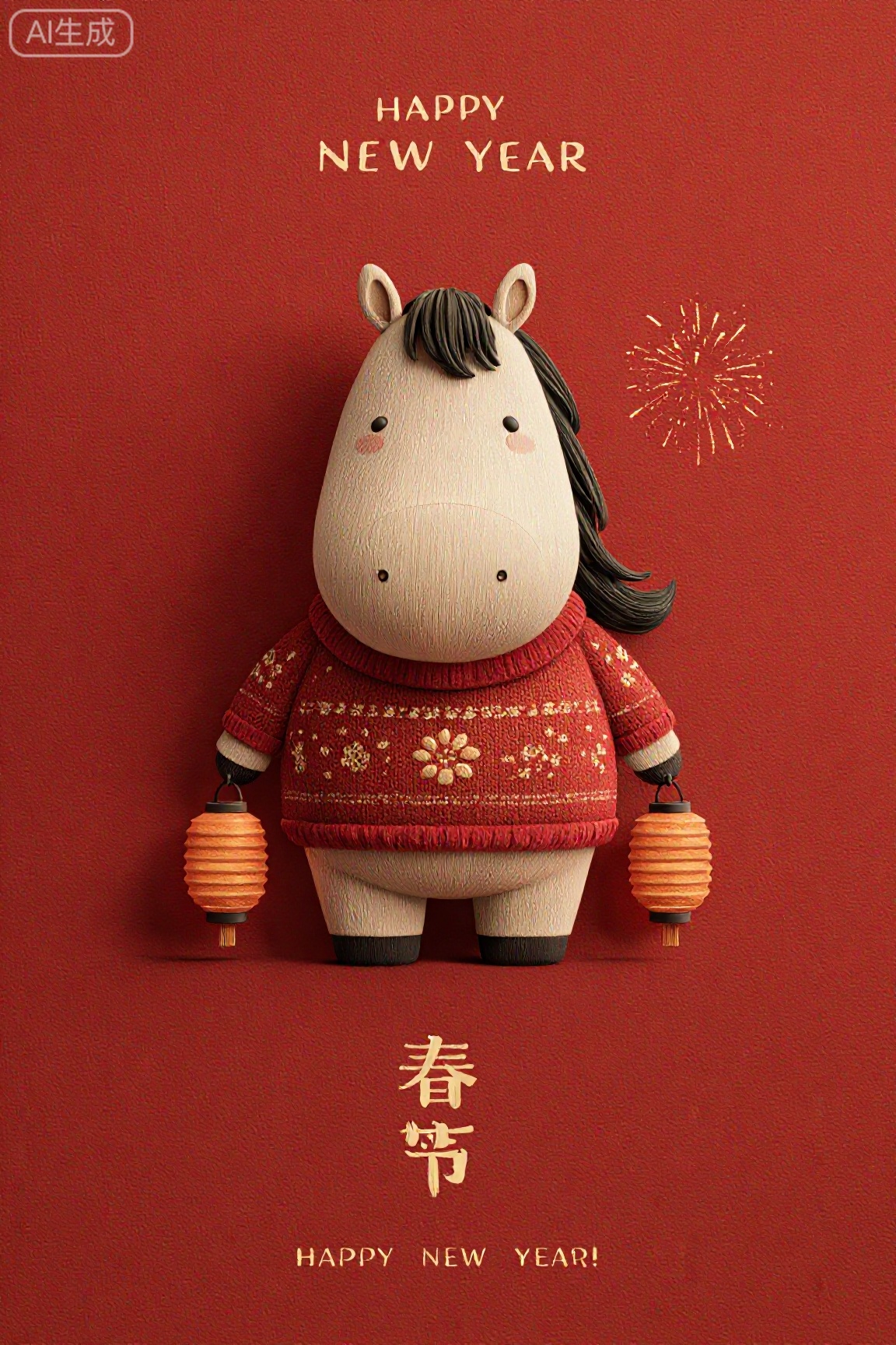 卡通马,正面卡通马穿红色花卉毛衣,双手提橙色灯笼,红底背景,喜气洋洋迎新年,