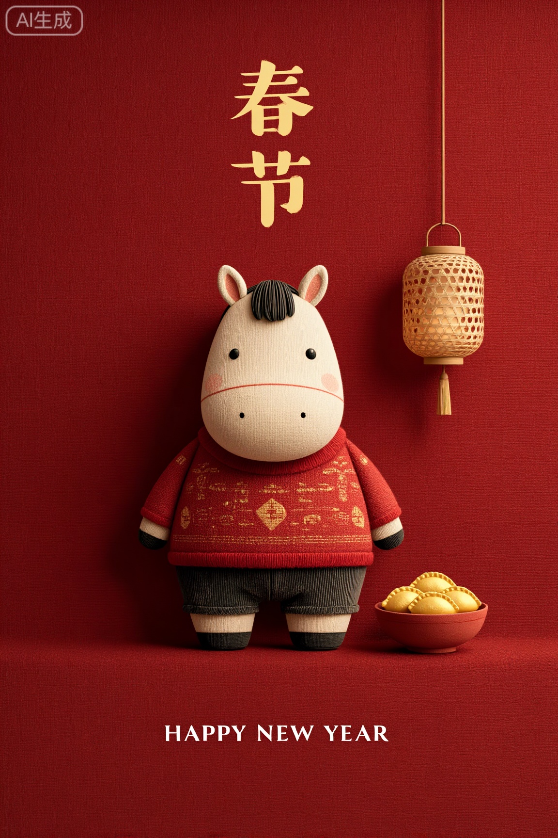 提示词参考：一匹可爱的卡通马,圆脸头顶有黑色短发,身穿带有金色传统花纹的红色针织毛衣和深色灯芯绒裤子,站立在深红色纹理布料背景上。旁边放着一碗金黄色的饺子,右侧悬挂一盏竹编灯笼。顶部中央竖排写着金色汉字“春节”。底部白色文字为“HAPPY NEW YEAR”。风格：童趣、手作玩偶感、布艺质感、柔和灯光、暖色调、中国新年主题、高细节、极简构图。