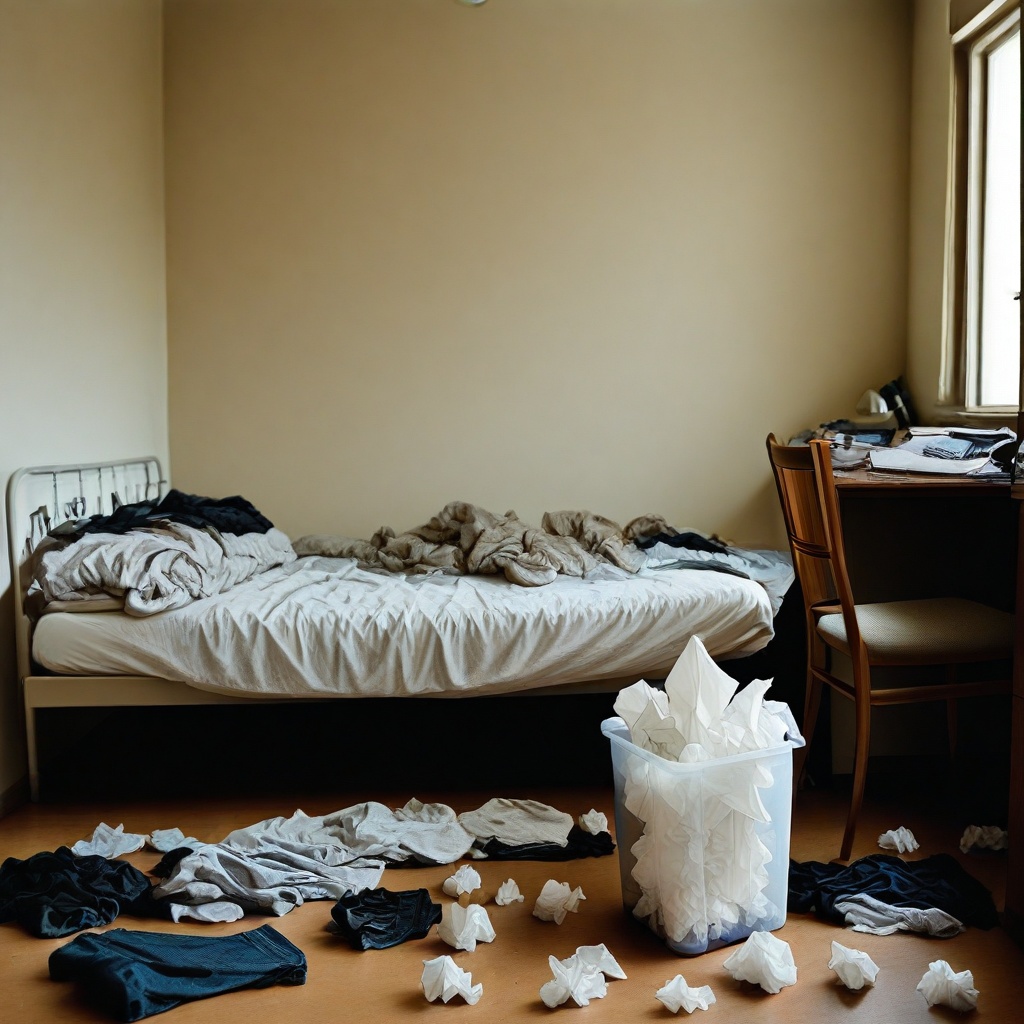 messy room,  unworn clothes,  bed on Tensor.Art