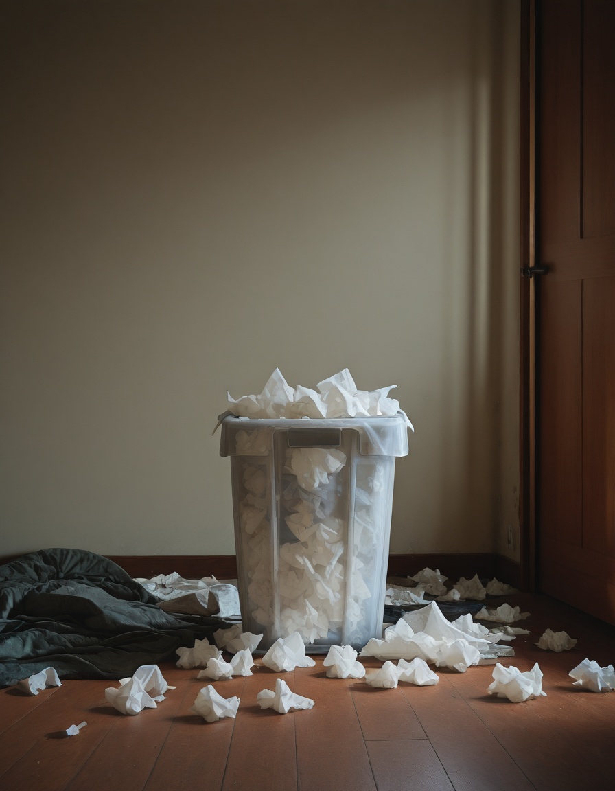 messy room,  used tissue,  trash can on Tensor.Art