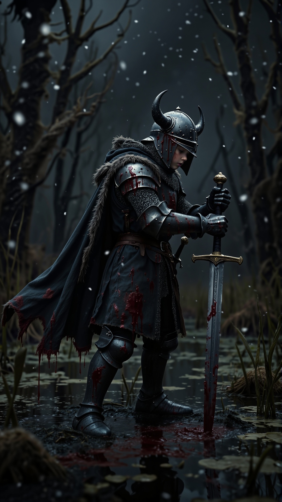 Create a cinematic dark medieval fantasy scene where a lone boy stands as a black knight,  dressed in dark armor dripping...